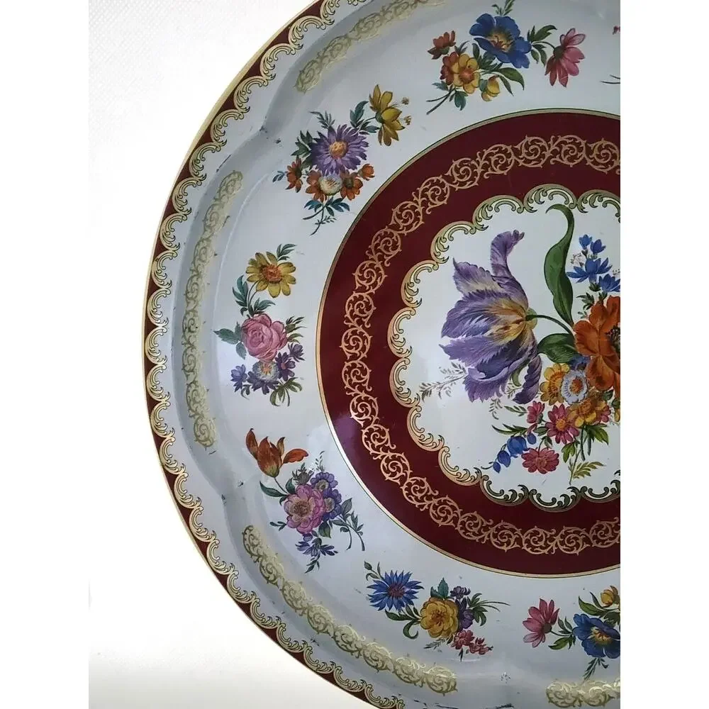 Vintage Daher Decorated Ware Floral Tin Tray 12” Round England Burgundy Gold